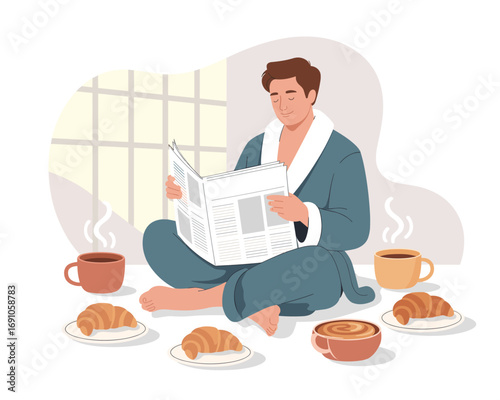 Man Enjoying Morning Coffee and Newspaper