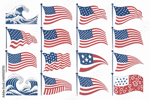 Various american flags waving and a stylized wave illustration on a white background display of patriotism