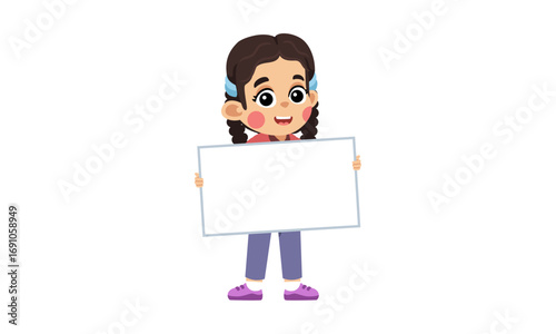 A cute cartoon girl with pigtails and a happy expression holds a blank white sign, ready for a message.