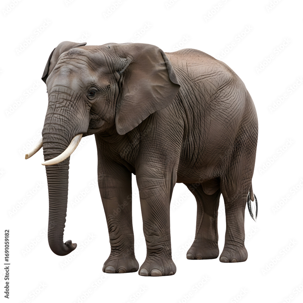 Obraz premium African elephant standing on a white background, side view.