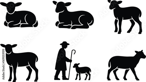 Sheep and lamb silhouettes vector illustration, shepherd with staff, grazing animals, farm livestock design, rural countryside theme, black sheep outline icons