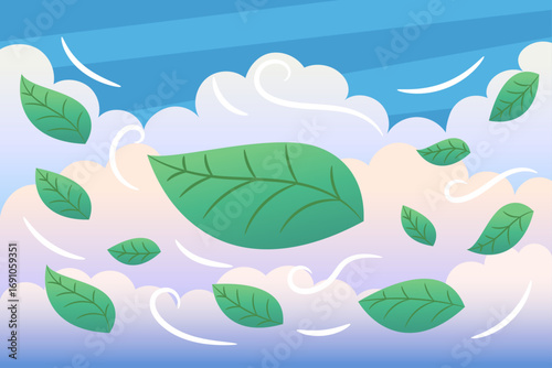 Vector illustration of leaves flying in the wind into a cloudy sky