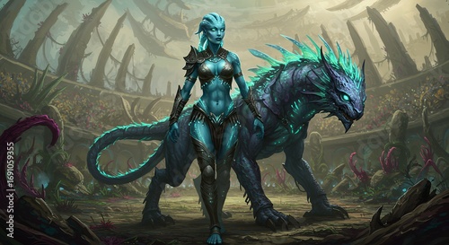 Female figure riding fantasy beast