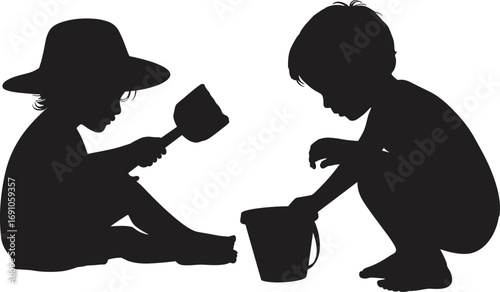 Silhouette children playing together, kids with bucket and shovel, childhood beach fun, summer holiday activity, outdoor leisure, friendship bonding, happy childhood moments illustration