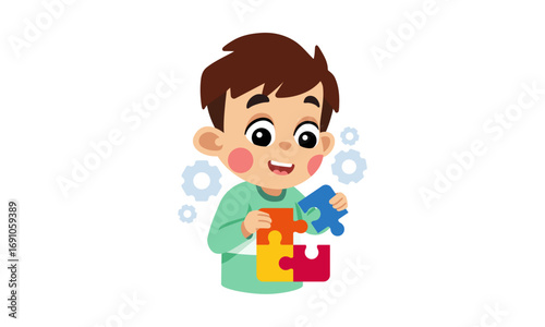 A cheerful cartoon boy with brown hair assembling a colorful jigsaw puzzle, symbolizing problem-solving and learning.