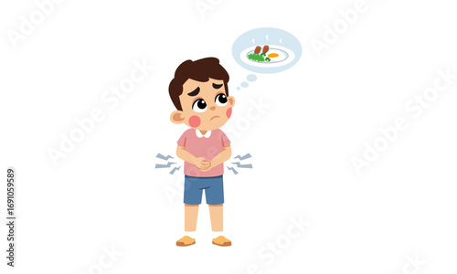 A boy with stomach ache looking at a plate of food.