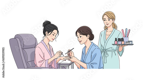 A woman receives a professional manicure from a skilled nail technician in a relaxing spa environment while another attendant holds beauty products