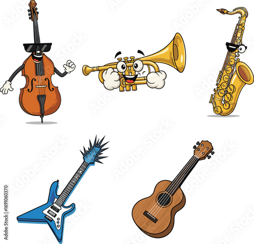 Cute cartoon musical instruments with smiling faces, fun music characters vector illustration for kids, education, entertainment, and creative design projects