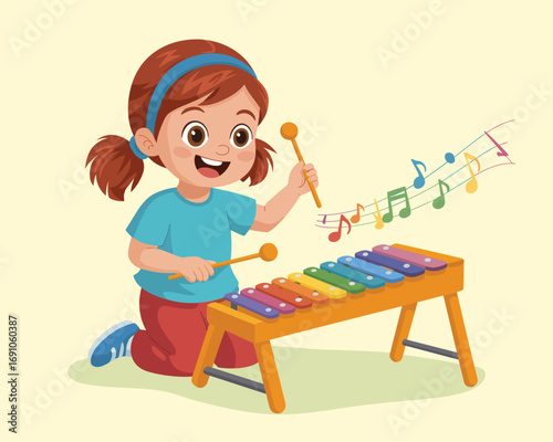 Joyful little girl playing a vibrant xylophone, creating cheerful melodies and fostering musical appreciation