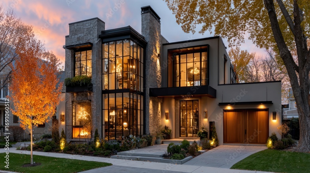 Fototapeta premium Contemporary suburban home with clean lines and tranquil atmosphere