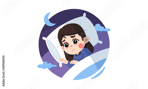 A cartoon illustration of a young woman with insomnia, lying awake in bed at night with a sad and worried expression.