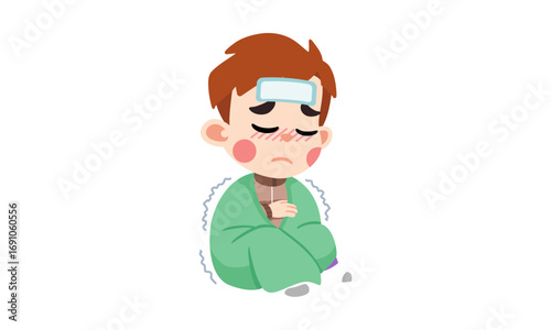 A sick child wrapped in a blanket, shivering and with a cold compress on their forehead.