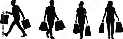 Silhouette people shopping, men and women walking with bags, vector illustration of retail buyers, black shopper figures, fashion consumers, commerce lifestyle design