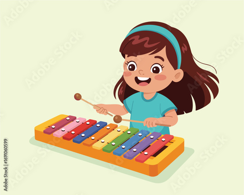 Cute little girl happily playing a colorful xylophone musical instrument vector illustration