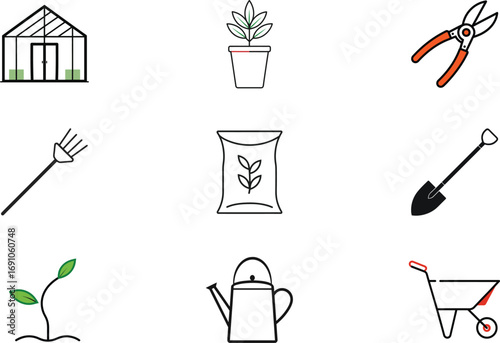 Gardening icons set greenhouse plant pot pruners fork fertilizer shovel watering can wheelbarrow