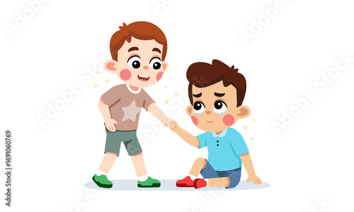 A kind boy helps a sad boy up, showing compassion and support in a moment of need.