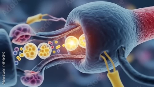 Close-up view of synaptic transmission in neurons, showcasing electrical impulses and neurotransmitters