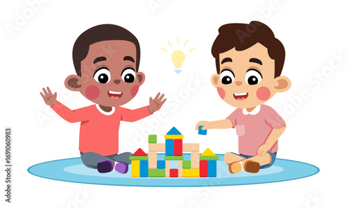 Two diverse young boys happily collaborating and building a castle with colorful toy blocks on a rug.