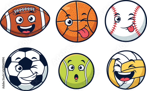 Cute cartoon sports balls with smiling faces, playful athletic equipment characters for kids, fun sports vector illustration for games and education