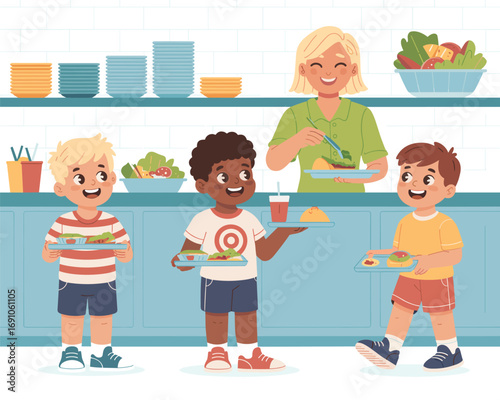 Happy children enjoying lunch at school with a smiling cafeteria worker