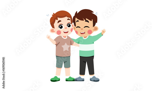 Two happy cartoon boys with arms around each other, smiling and waving.