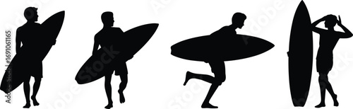Surfer silhouette vector set, surfing poses with surfboard, beach lifestyle design, summer sport illustration, ocean wave activity, coastal adventure, extreme water sports icons