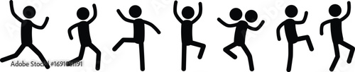  Stick figure dance poses vector, minimalist dancing characters illustration, simple people movement graphic, group choreography artwork, energetic stickman dance silhouettes for creative design
