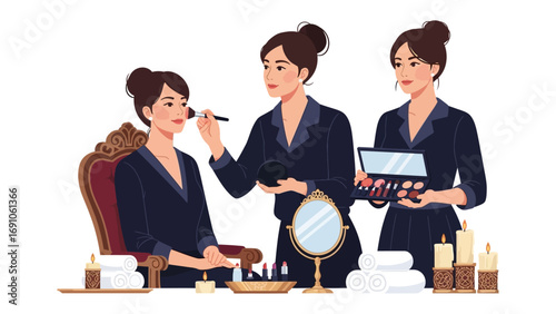 Professional makeup artist applying foundation to a client while another artist holds a palette and brushes showcasing beauty services and artistry