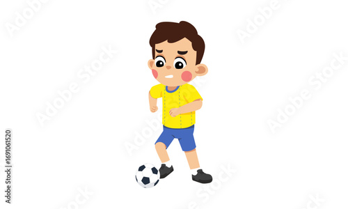 A boy in a yellow shirt dribbling a soccer ball.