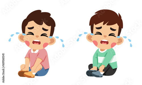 A set of two cartoon illustrations of a young boy crying in pain while holding his injured foot.