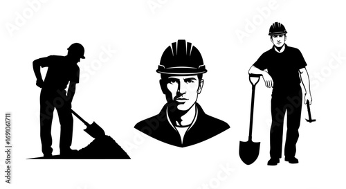 Illustrations of construction workers with tools and hard hats in various poses and expressions