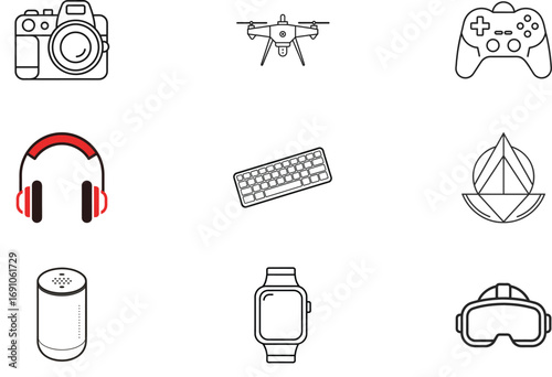 Set of nine simple outline icons representing modern technology gadgets and devices