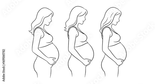 Three pregnant women in various stages of pregnancy line drawings in a side profile view pose