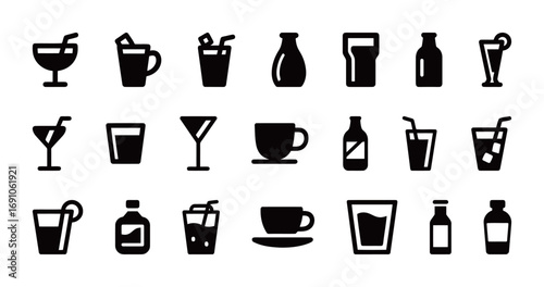 Icons of various drinks and beverages in glasses and bottles. Bar and cafe symbols.