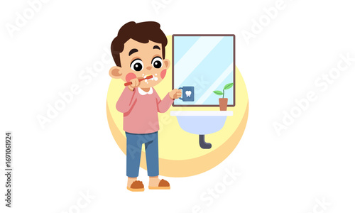 Boy brushing teeth in bathroom with mirror and sink.