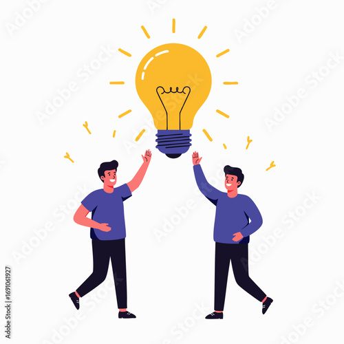 Two enthusiastic men joyfully celebrate a brilliant new idea, symbolizing successful collaboration and innovative problem-solving in a dynamic business environment.