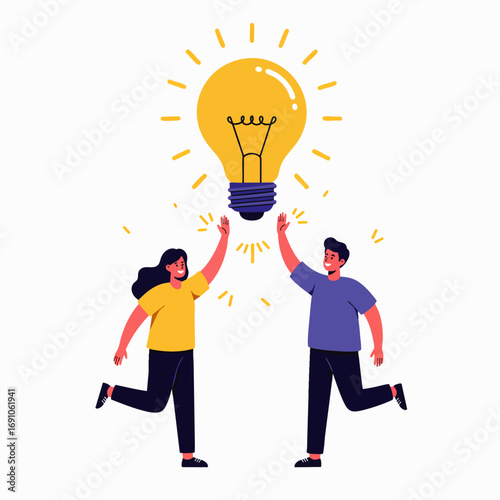 Two enthusiastic individuals celebrate a brilliant new idea, symbolizing successful collaboration, innovative thinking, and shared inspiration for a brighter future.