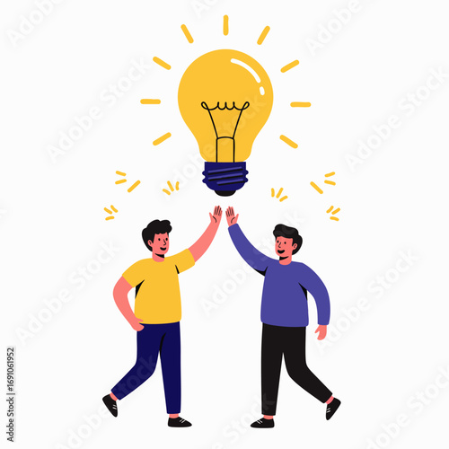 Dynamic vector art showcases two enthusiastic partners high-fiving, signifying successful collaboration, innovative thinking, and the exciting development of fresh concepts.