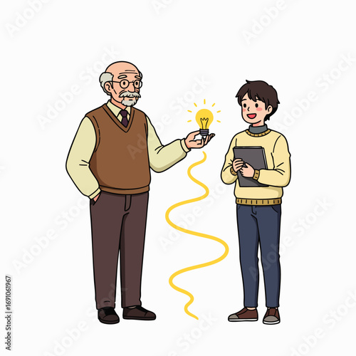 An experienced mentor shares a brilliant new idea, symbolizing valuable knowledge transfer and innovative guidance to a young, eager learner.