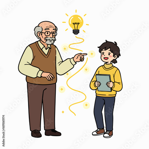 An experienced elderly man shares a brilliant new idea with a curious young boy holding a digital tablet, symbolizing intergenerational knowledge transfer.