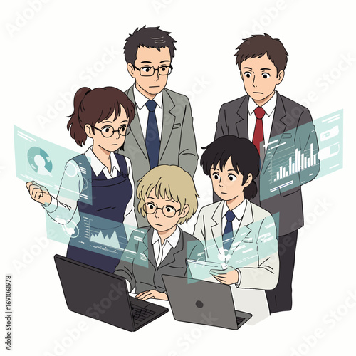 A diverse team of animated business professionals collaborates on complex data analysis using advanced holographic technology and laptops in a modern office setting.