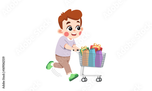 A happy young boy is pushing a shopping cart filled with colorful gift boxes.