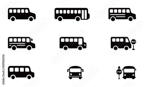 Bus icons in a variety of styles. Public transportation and school bus symbols.