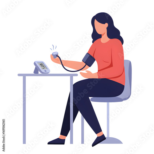 Woman Measuring Her Blood Pressure While Seated at a Table with a Digital Monitor