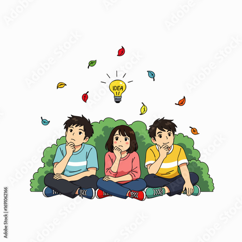 Three young people sit thoughtfully, contemplating ideas as a bright lightbulb illuminates above, symbolizing creative inspiration and problem-solving.