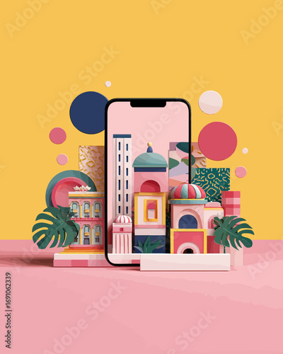 Abstract architectural elements and abstract shapes floating around a smartphone screen, creating a vibrant and modern digital art composition