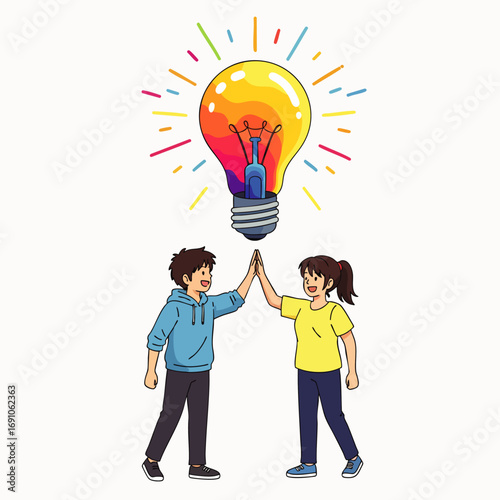 Two enthusiastic young individuals celebrate a successful collaboration with a high-five, symbolizing a bright, innovative idea emerging from their teamwork.