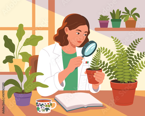 Scientist Examining Plant with Magnifying Glass in a Bright Laboratory