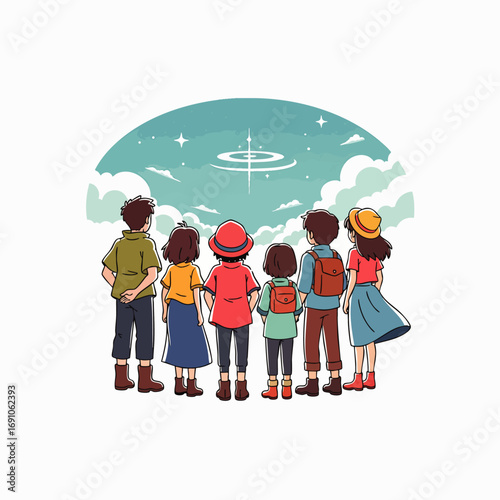 A diverse group of curious individuals stands together, gazing with wonder at a mysterious, glowing celestial phenomenon in the night sky.