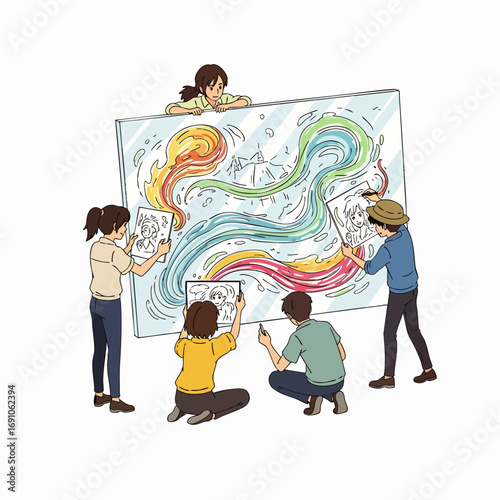 A diverse group of young artists and a child joyfully collaborate on a vibrant, abstract mural, expressing their collective creativity and teamwork.